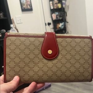 Celine Paris Monogram Red and Beige long Wallet rare snap closure EUC